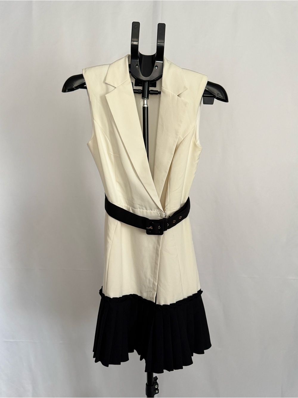 ASOS Sleeveless Cream Blazer Dress with Black Belt & Hem